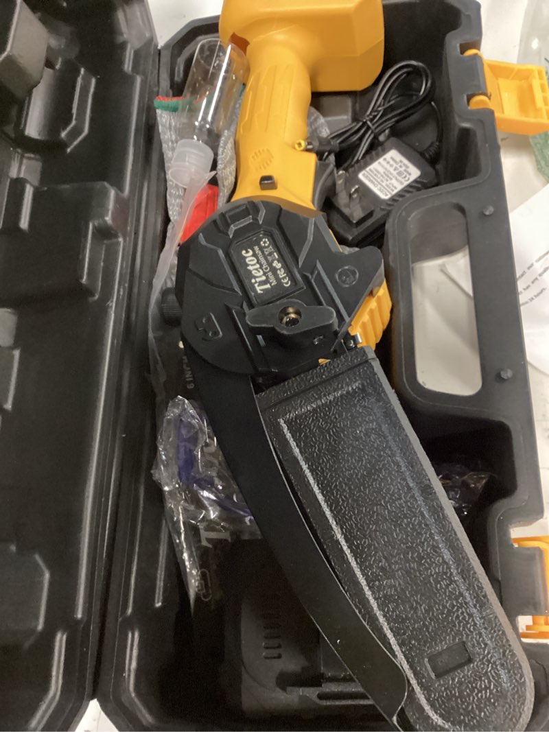 Condition photo showing Good Condition for mini chainsaw cordless,6 inch portable electric chainsaw with 2 battery 2 chains,battery powered small handheld chain saw with automatic oiler,for tree trimming,cutting wood,garden tool,gift for men yellow-6 inch