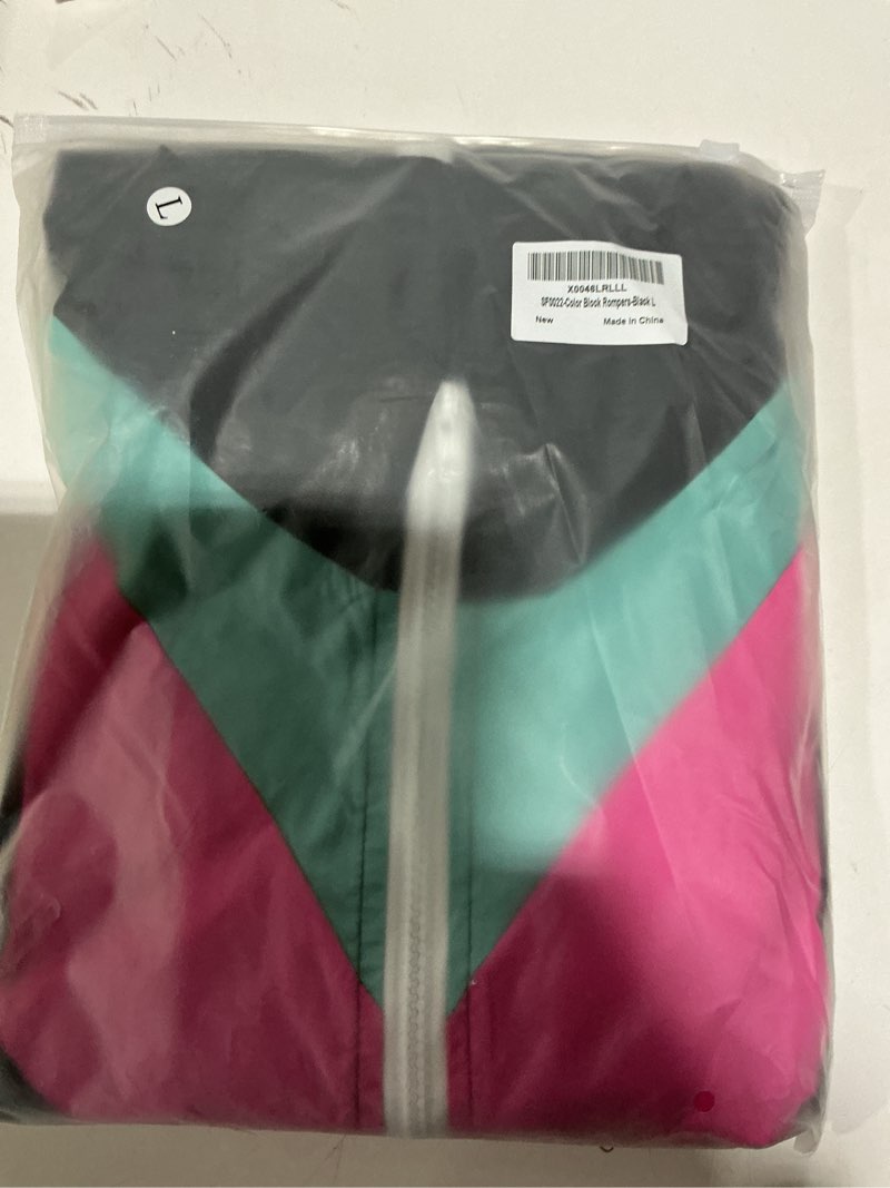Condition photo showing Good Condition for Yisfri Color Block One Piece Windbreaker Outfits for Women Neon Short Sleeve Zip Front Elastic Waist Jumpsuit Overall Large Black