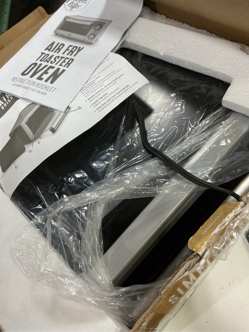 Condition photo showing As Is for greenlife countertop toaster oven air fryer stainless steel, healthy ceramic nonstick, pfas free, tray & basket, bake, broil, reheat, adjustable temp & time control, auto shutoff, black countertop toaster oven air fryer black