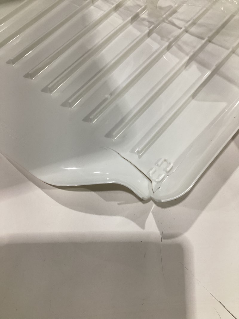 Condition photo showing As Is for (DAMAGED) Farberware Classic Large Rust Resistant Full Dishrack with Removable 3 Compartment Flatware Caddy, Andlged Drain Board, 3-Piece, White White Dish Rack Set