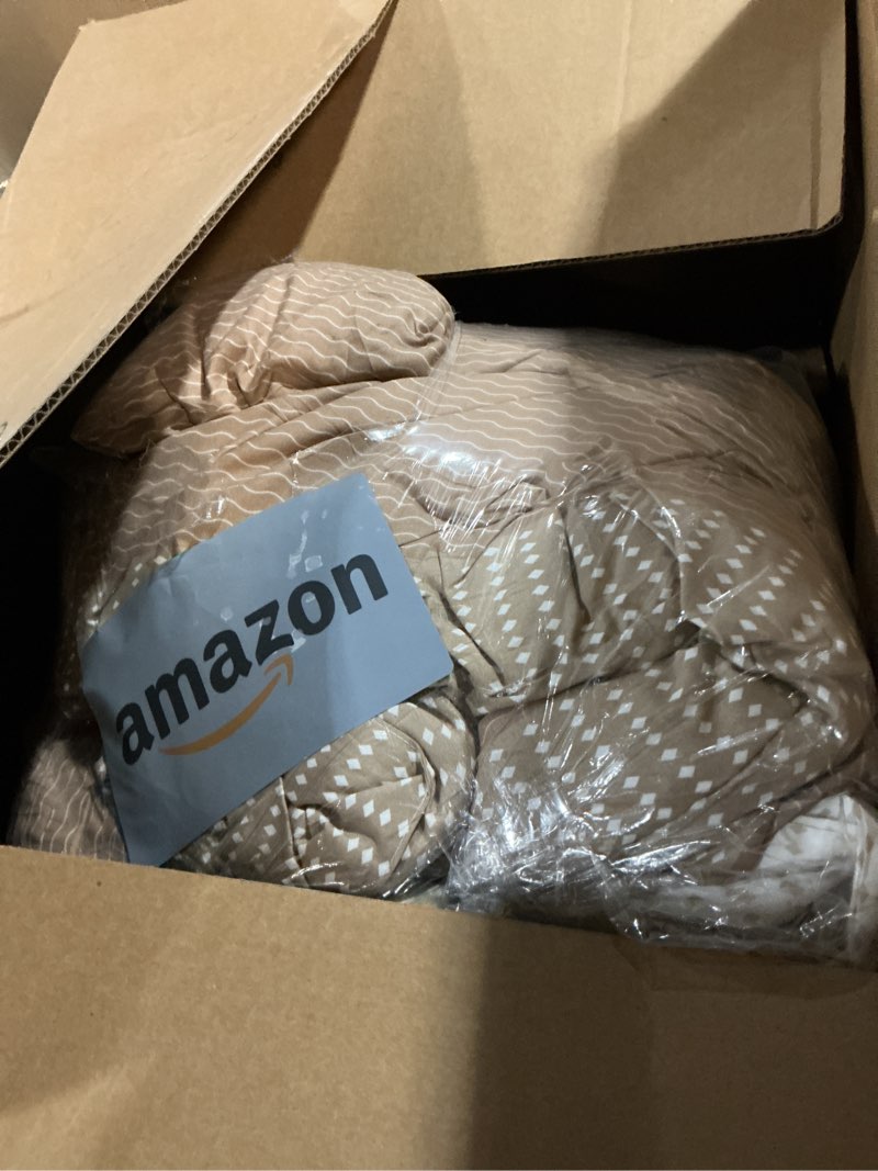 Condition photo showing As Is for (Incomplete)Andency King Size Comforter Set Taupe - 7 Pieces Striped Lightweight Bed in a Bag, Soft Microfiber Reversible Bedding Set with Comforter, Fitted & Flat Sheet, Pillowcases & Shams 10 - Taupe King