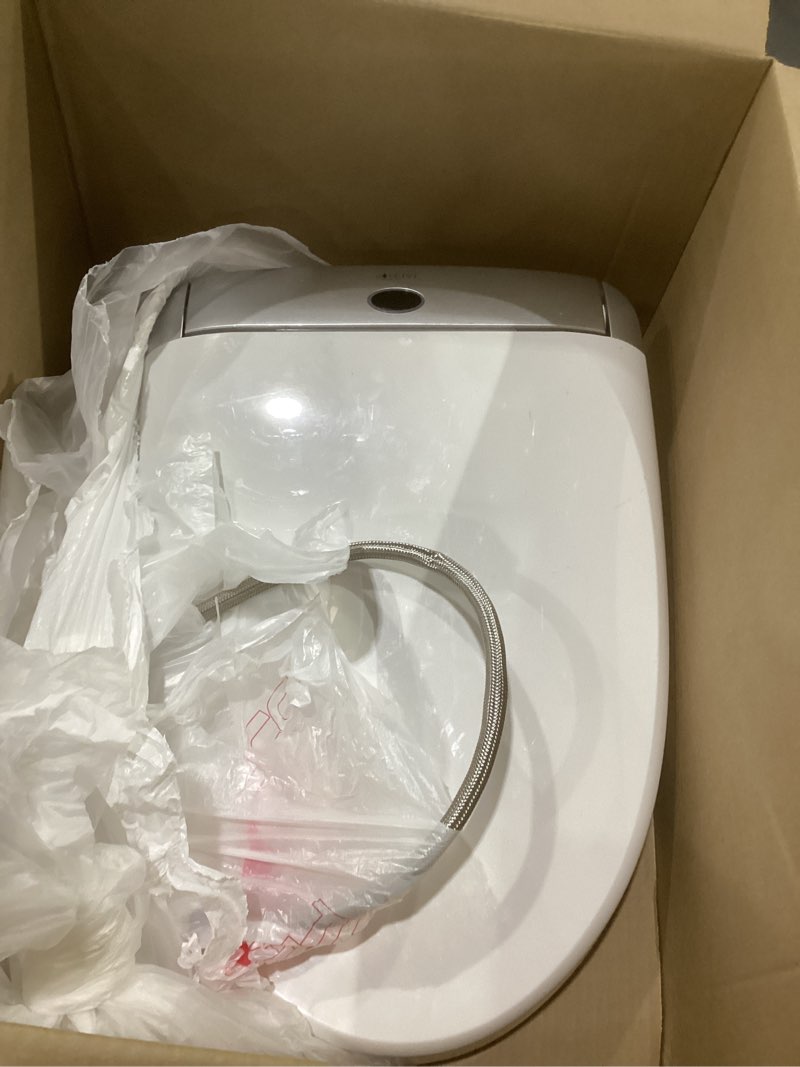 Condition photo showing As Is for leivi electric bidet toilet seat with wireless remote and side panel, multiple spray modes, adjustable heated seat, warm water and air dryer, auto led nightlight, elongated silver oval