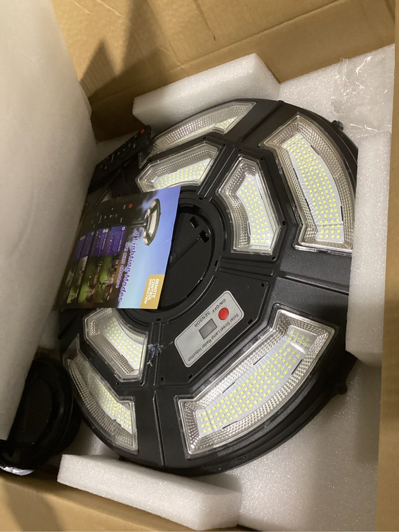Condition photo showing Good Condition for outdoor lamp post light with motion sensor, solar powered, ip65 waterproof, dusk to dawn, 750-led pole light fixture with remote and dc port for indoor outdoor lighting(includes plug) head(with dc port)
