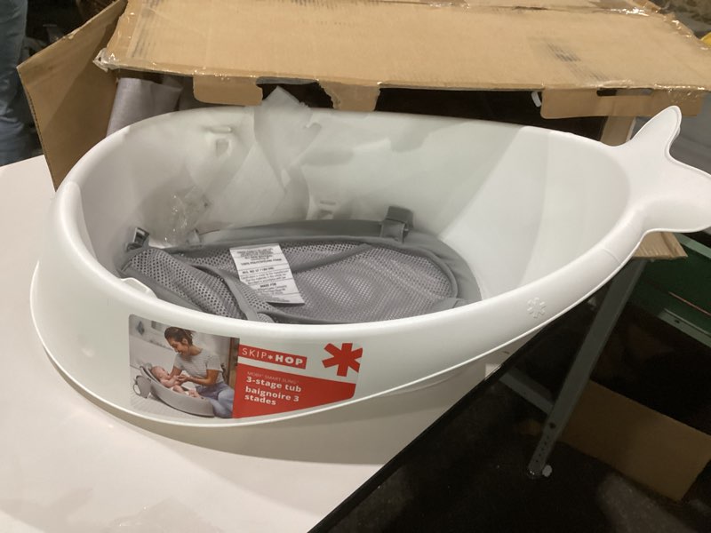 Condition photo showing As Is for skip hop infant bath tub 3-stage grow with baby smart sling moby bathtub white age 0+ moby white tub