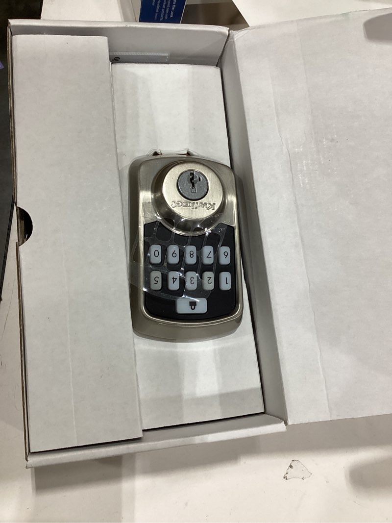 Condition photo showing As Is for kwikset 99420-001 aura bluetooth programmable keypad door lock deadbolt featuring smartkey security, satin nickel