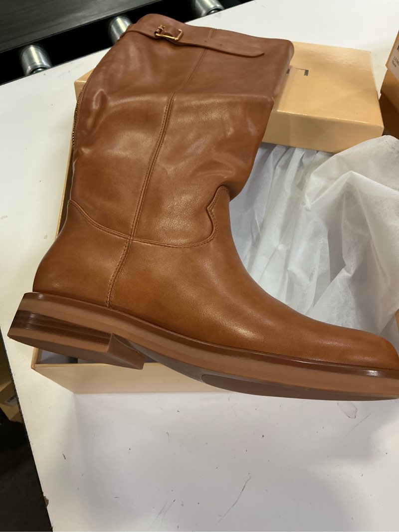 Condition photo showing New/Like New for women's knee high boots chunky heel square toe tall boots for women low heel back zipper boots size 7.5 brown