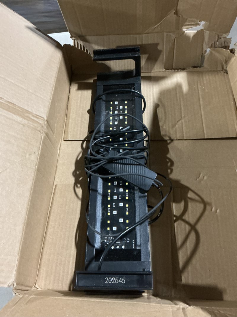 Condition photo showing As Is for aqqa led aquarium light, 24/7 mode ip68 waterproof extendable bracket fish tank light, diy mode full spectrum aquarium plant light, adjustable timer/brightness memory function for 18-24 inch fish tank