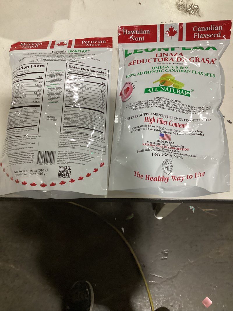Condition photo showing New/Like New for (qty 2 exp 04/2029) leonflax, 100% authentic canadian flax seed, all-natural, high fiber content, dietary supplement to improve your digestive health, 18 oz, bag
