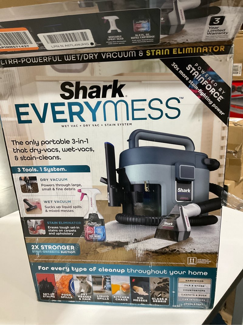 Condition photo showing As Is for shark everymess ultra-powerful 3-in-1 wet vac, dry vac, & stain eliminator with stainforce technology, perfect for homes, pets, and cars, 3 accessories and cleaning solution, gray, vx101 everymess 3-in-1 (2026 new release)