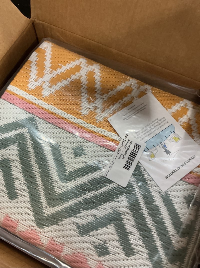 Condition photo showing Good Condition for moynesa outdoor rug waterproof, 4'x6' lightweight plastic straw rug for camping rv, reversible outside carpet for patio deck porch balcony picnic tent, blue/yellow