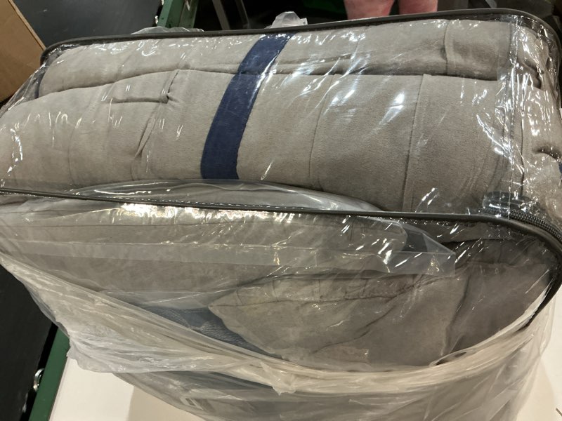 Condition photo showing Good Condition for madison park palmer comforter set-luxury faux suede design, striped accent, all season down alternative bedding, matching shams, decorative pillow, bed skirt, king (104 in x 92 in), blue 7 piece blue king (104 in x 92 in)