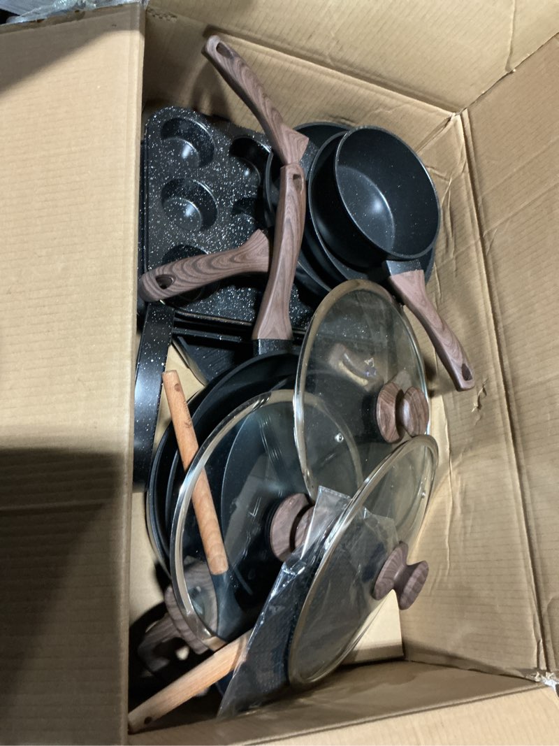 Condition photo showing Good Condition for kikcoin pots and pans set non stick 31 piece kitchen nonstick cooking cookware sets with grill pan saucepan baking sheet utensil, black black 31 pieces