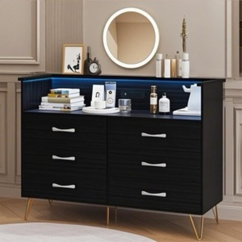 Dresser for Bedroom with LED Light & Charging Station, 6 Drawers Wooden Dresser 
