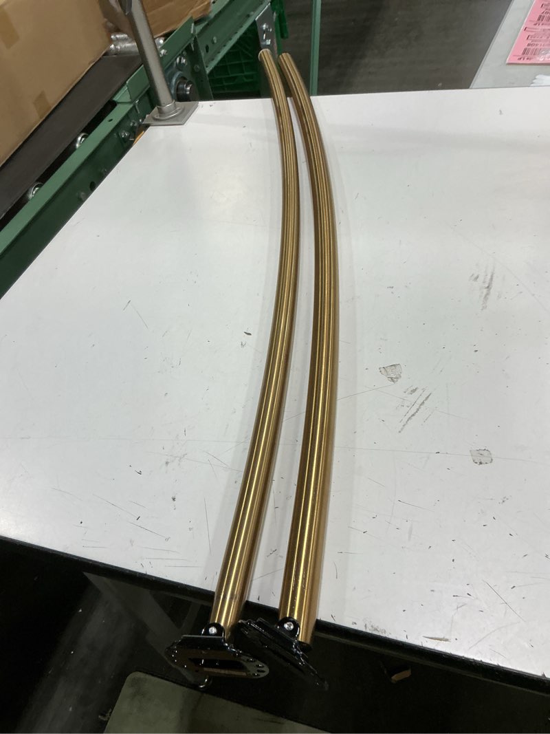 Condition photo showing As Is for curved shower curtain rod 36.4-76in adjustable, gold round shower curtain rod, shower rods for bathroom, bathtub, stall, bathroom rod no rust, extra space, need to drill
