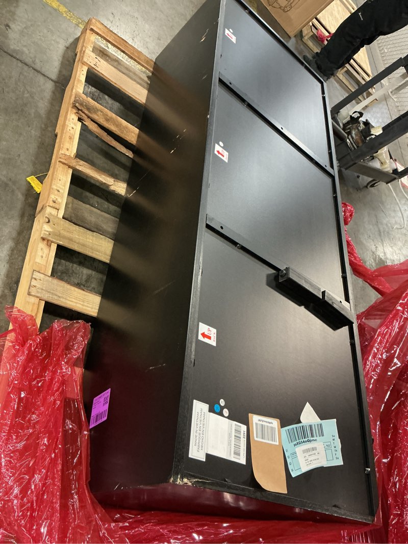 Condition photo showing As Is for Signature Design by Ashley Fair Ridge Casual Square Patterned 3-Door Distressed Accent Cabinet with 3 Adjustable Shelves, Black & Dark Brown