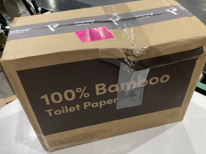 Condition photo showing New/Like New for amazon aware 100% bamboo 3-ply toilet paper, unscented, 24 rolls, fsc certified, 350 sheets, 8400 count, pack of 24, plastic-free