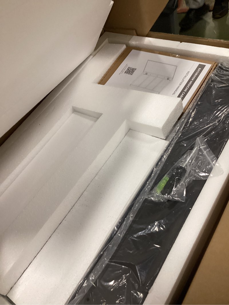 Condition photo showing New/Like New for TokeShimi 16 x 24 Medicine Cabinet Mirror, Assembly Required, Black Mirror Medicine Cabinet for Bathroom, Beveled Aluminum Frame, Stepless Adjustable Shelves, Tempered Glass Black 16x24 IN