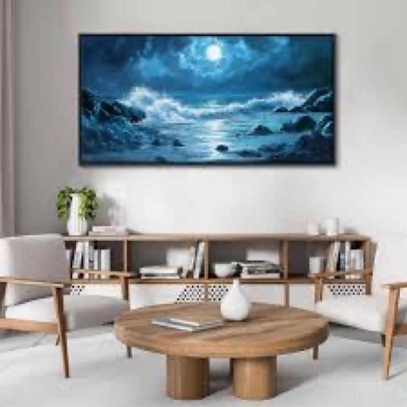 CHATYOUNG Blue Beach Night Scene Wall Art, Large Size Coastal Canvas Artwork Moon Reef Modern Ocean 
