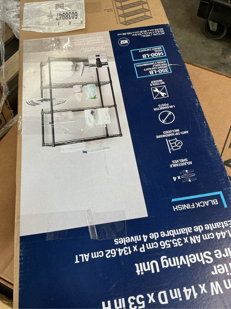 Condition photo showing As Is for project source 36 in w x 14in dx53 in h  4 -tier black metal wire utility shelving unit