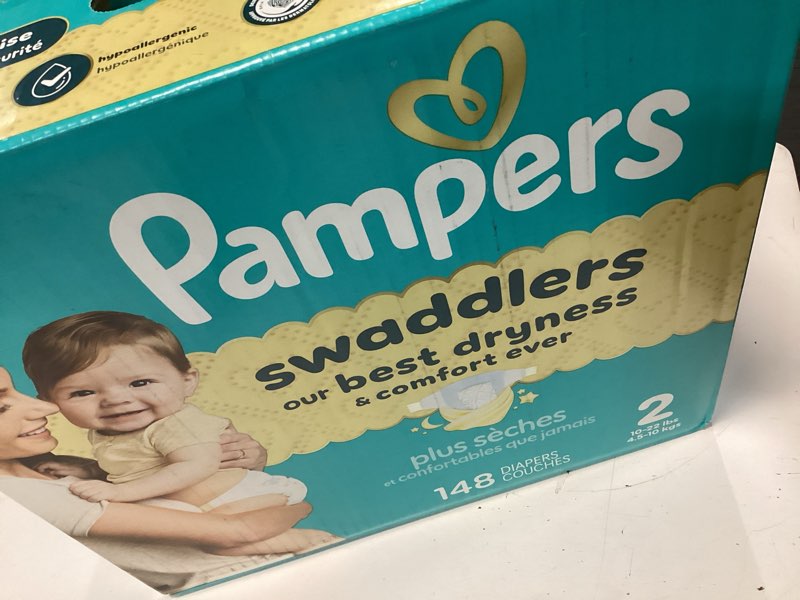 Condition photo showing New/Like New for pampers swaddlers diapers, size 2 (10-22 lbs), 148 count, absorbent, keeps baby dry and comfortable, skin safe disposable baby diaper size 2 148