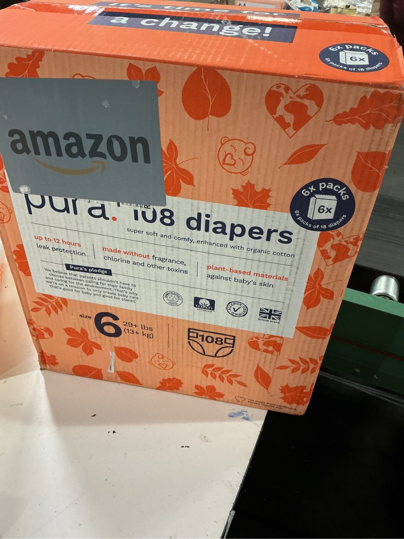 Condition photo showing New/Like New for Pura Size 6 Eco-Friendly Diapers (29+ lbs) Totally Chlorine Free (TCF),Hypoallergenic, Soft Organic Cotton, Sustainable, up to 12 Hours Leak Protection, Allergy UK, 18 Count (Pack of 6),Total-108 Size 6 108