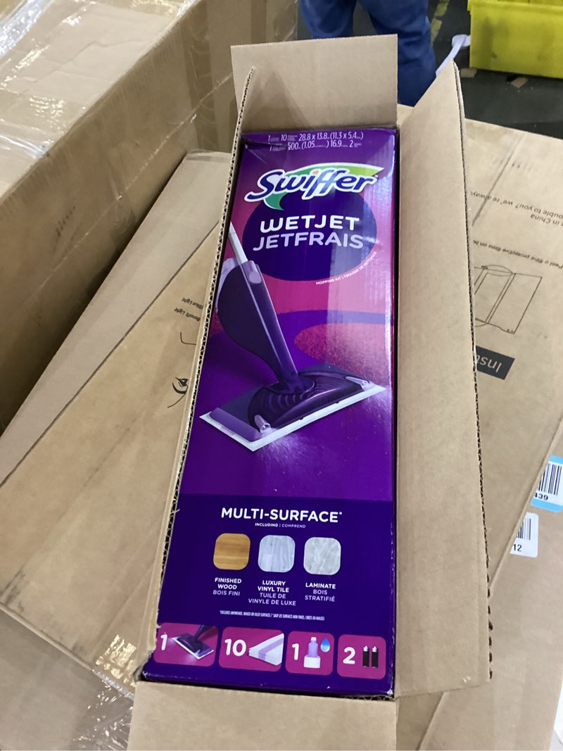 Condition photo showing New/Like New for Swiffer WetJet Hardwood and Floor Spray Mop Cleaner Starter Kit, Includes: 1 Power Mop, 10 Pads, Cleaning Solution, Batteries