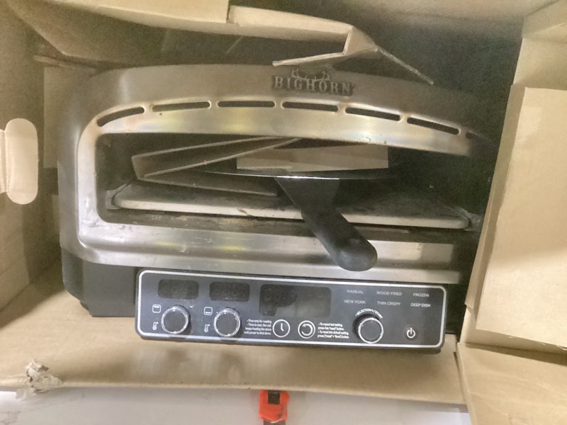 Condition photo showing As Is for big horn outdoors pizza oven indoor, 14 inch electric countertop pizza oven with 6 preset modes, perfect pizza maker machine for home, pizza cooker with pizza stone and pizza peel, stainless steel preset+manual
