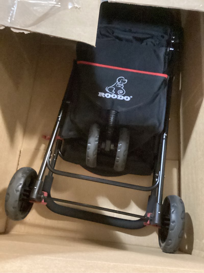 Condition photo showing As Is for ROODO Escort 3 Wheel Dog Cat Pet Stroller for Small/Medium Dogs Cats Best Lightweight Foldable Portable Compact Jogger Travel All Terrain Pet Gear System Puppy Doggie Bunny Kitty Stroller(Black) Black/red 33x37 Inch (Pack of 1)