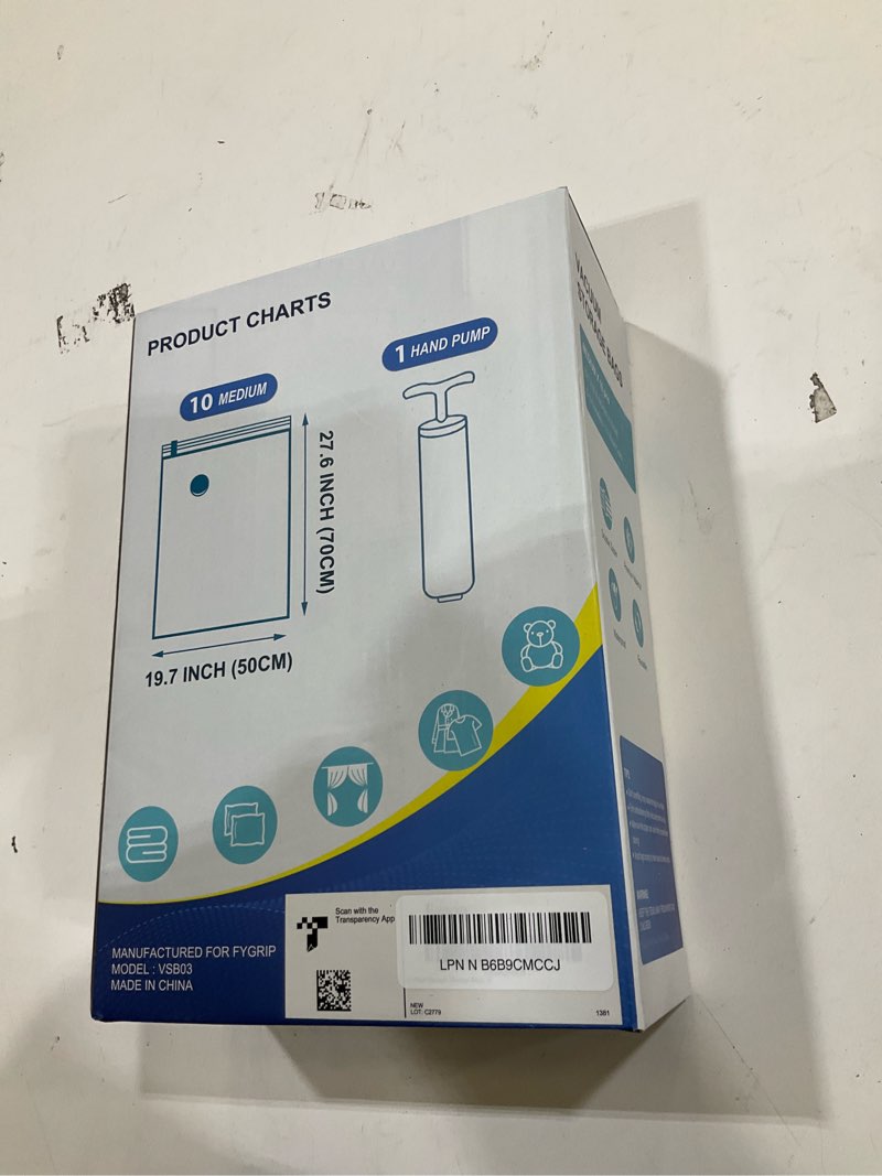 Condition photo showing Good Condition for vacuum storage bags with hand pump, plastic packaging bags, 80% space saver vacuum seal bags for clothing, travel lugggage, blankets, comforters, 10 medium