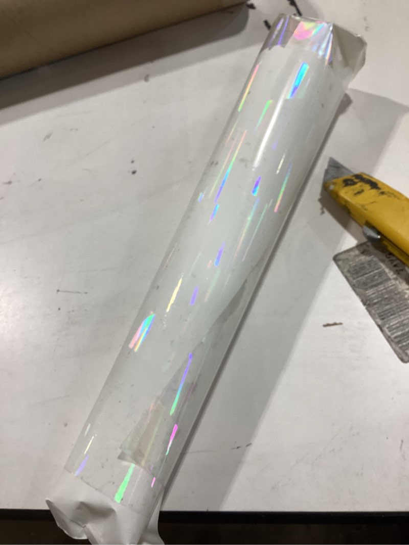 Condition photo showing As Is for rainbow symphony – rainbow suncatcher window film, diffraction window film, stained glass window cling, holographic prismatic film, radial pattern, 12" x 18", made in usa 12x18" radial