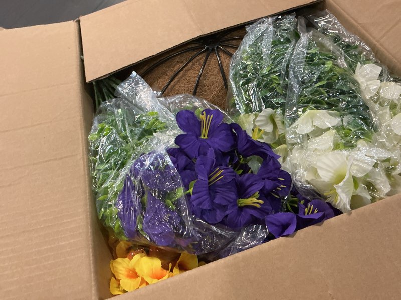 Condition photo showing Good Condition for 2 set artificial outdoor flowers with hanging baskets,24 pcs uv resistant faux petunias flowers with hanging planter for front door porch spring outside decor (2, white,yellow,purple,redviolet) white,yellow,purple,redviolet 2