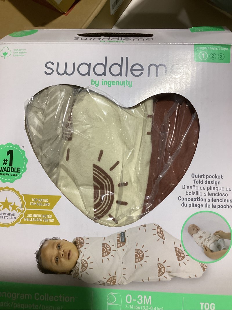 Condition photo showing Good Condition for SwaddleMe by Ingenuity Monogram Collection Baby Swaddle, 100% Cotton, Improves Sleep & Calms Startle Reflex, 0-3 Months, Pocket Fold Design for Easy Changes, 1.0 TOG, 3-Pack - Rising Sun