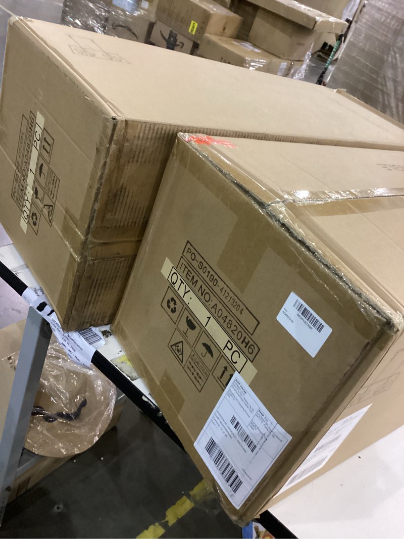 Condition photo showing New/Like New for Black Gold Chandelier, Modern 6-Light Rectangular Island Light Fixture with Clear Ribbed Glass Globes and Electroplated Brass Accents for Dining Room, Kitchen, and Living Room