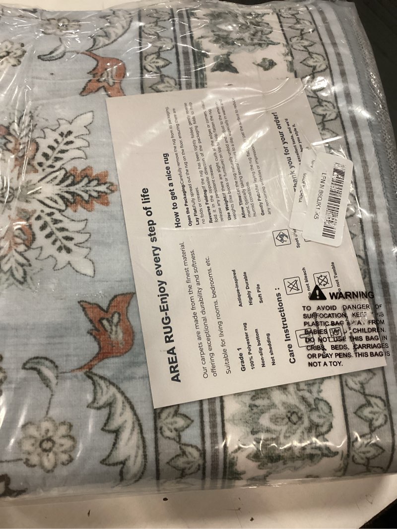 Condition photo showing Good Condition for 4x6 light blue washable boho area rug for living room, vintage floral non slip bedroom rugs, wool low pile indoor mat, aesthetic pattern carpet for kitchen, office and bedside light blue 4' x 6' (rectangular)