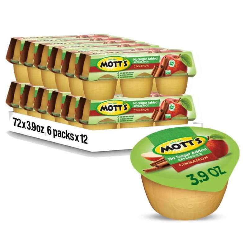 (Best by Oct/11/25 ) Mott's No Sugar Added Cinnamon Applesauce, 3.9 oz, 72 Count Cups (12 Packs)
