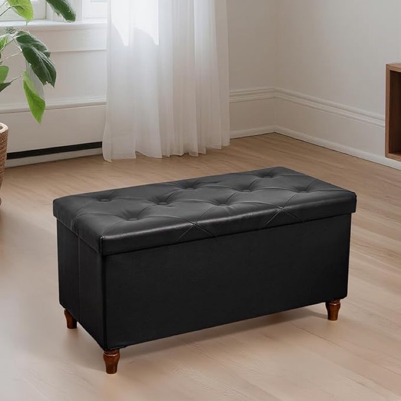 (Incomplete)GLAXYFUR 30 Inches Storage Ottoman Bench with Wooden Legs, Faux Leather Folding Ottoman Foot Rest, Storage Bench for Living Room, Hallway & Bedroom, Upgrade Large Capacity (Engineered Wood, Black)