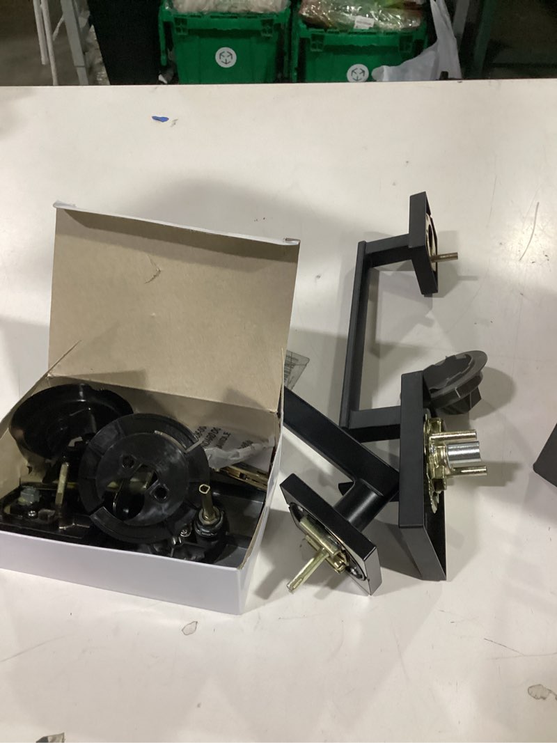 Condition photo showing As Is for kwikset san clemente front door lock handle and deadbolt set, entry handleset exterior with interior reversible lever, matte black, pick resistant smartkey rekey deadbolt security matte black with handle keyed entry