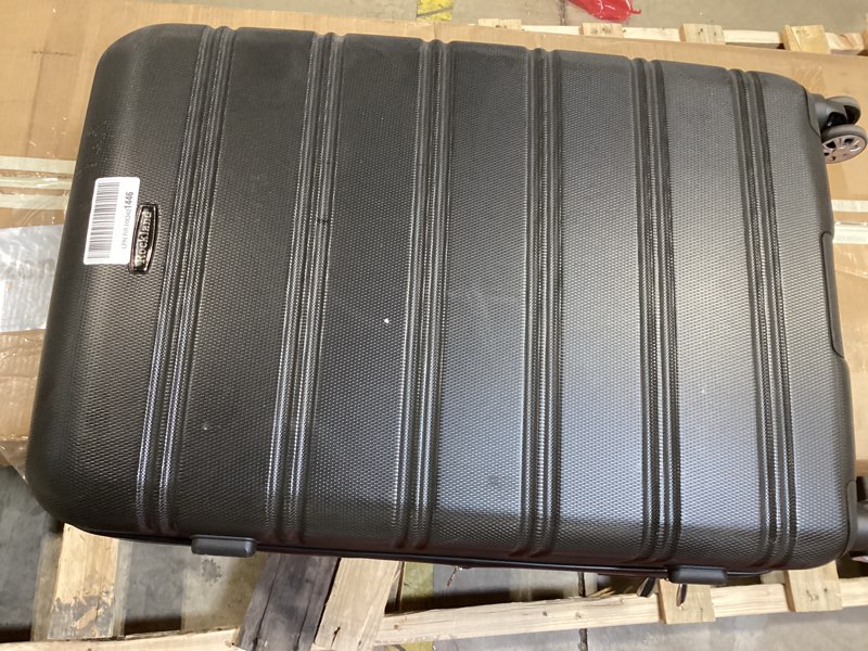 Condition photo showing As Is for rockland melbourne hardside expandable spinner wheel luggage, black, checked large 28" checked large 28" black