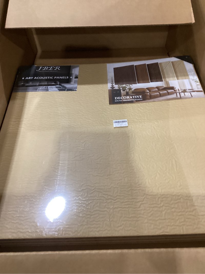 Condition photo showing Good Condition for jber acoustical wall panels - 6 pcs 23.6 x 23.6 inches wood-pattern printing sound absorbing panels, large self-adhesive decorative soundproof wall panels for studio,home & living room(light walnut) 72"×48" light walnut