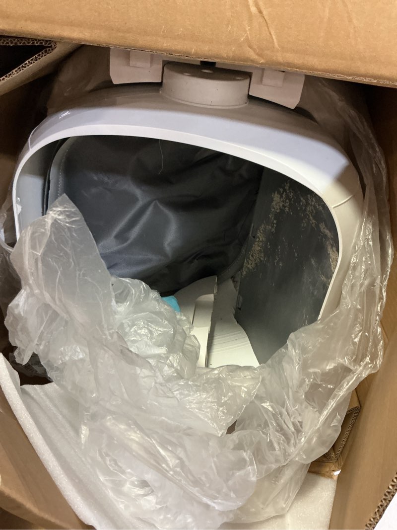 Condition photo showing As Is for open top automatic litter box, odor control, ready to use, self cleaning litter box, large capacity with app control and safety sensor, ellenpent, with trash bags/waterproof mat/litter mat