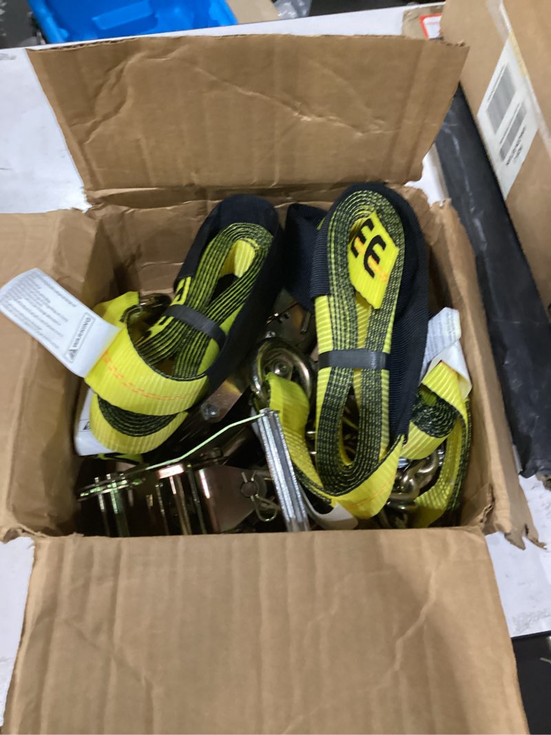 Condition photo showing Good Condition for everest premium ratchet tie down – 1 pk – 2 in – 27 ft – 3333 lbs working load – 10000 lbs break strength – double j hook – cargo straps perfect for moving appliances, lawn equipment and motorcycles 2in x 27ft