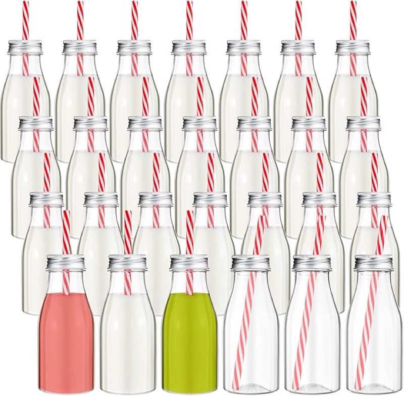 Irenare 40 Sets Plastic Small Milk Bottles with Straws and Metal Lids Clear Plastic Bottle for Dairy