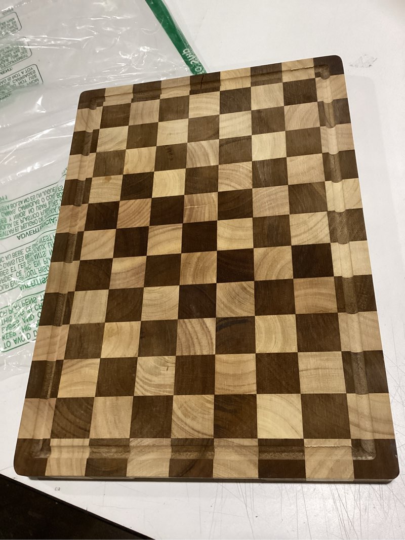 Condition photo showing Good Condition for large wooden cutting boards for kitchen, upgraded checkered acacia wood chopping board with juice grooves & easy-grip handles, end grain, knife-friendly, non-slip feet, kitchen gift - 17" x 12" x 0.8"