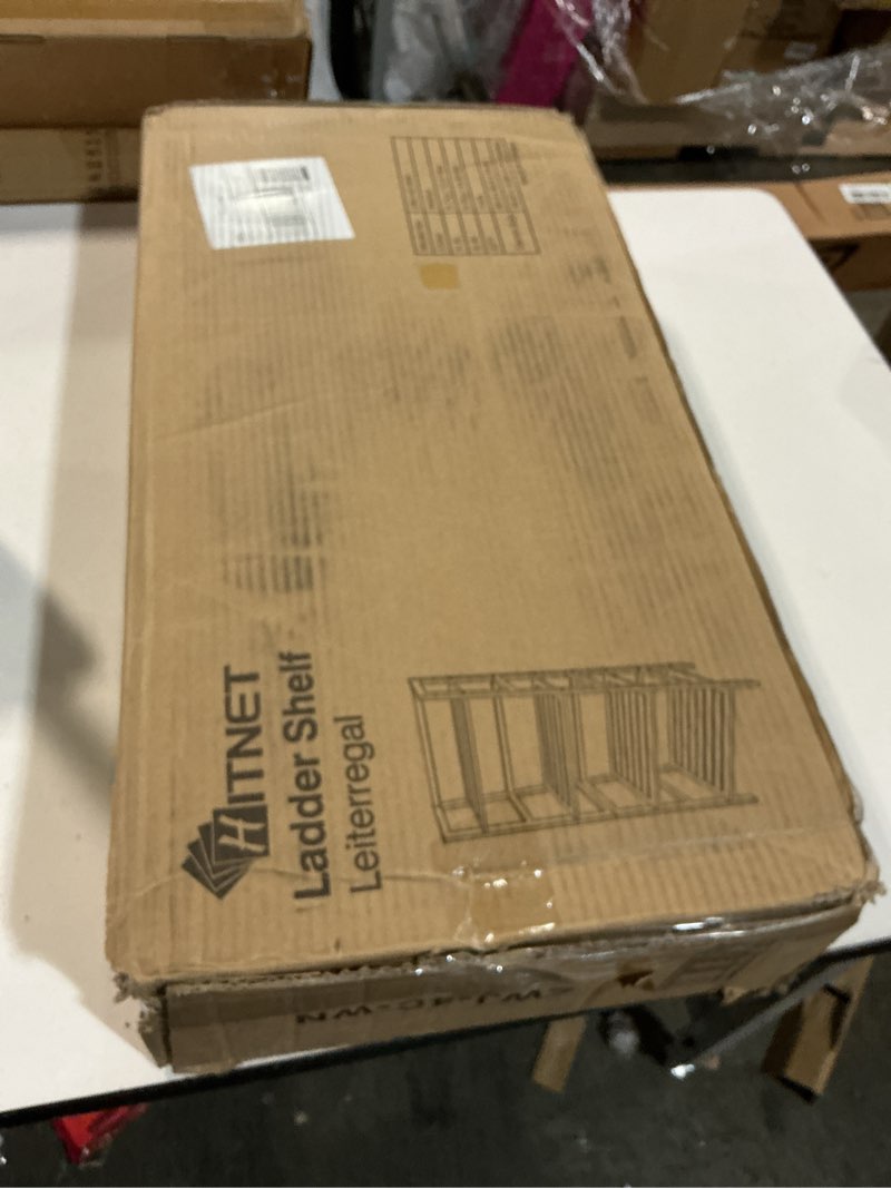 Condition photo showing As Is for Amazon Basics Ladder Bookshelf Organizer, 5-Tier, Solid Rubberwood Frame, Walnut Finish, 14" D x 24.8" W x 70.1" H