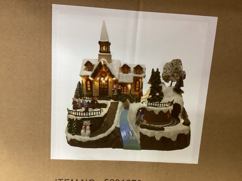 MUMTOP Christmas Village Snow Church with Rotating Train, Light Up Animated Moving Skaters and Chris