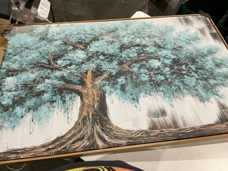 Condition photo showing Good Condition for wall art tree of life abstract modern artwork blue teal tree canvas painting for bedroom living room office large decor 30"x60" with framed