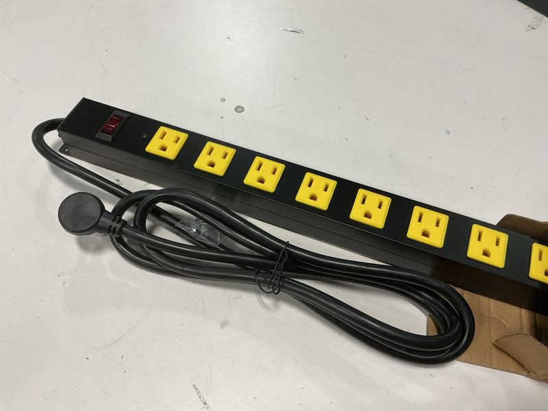 Condition photo showing Good Condition for metal 12 outlet mountable power strip, surge protector heavy duty cord wide spaced and wall mount metal powerstrip for outdoor, desk, garage, industrial, shop and indoor (6ft)