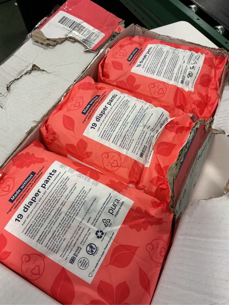 Condition photo showing Good Condition for Pura Hypoallergenic Diaper Pants Size 5 (27-38 lbs) Overnight, up to 12 Hours Leak Protection, Suitable for Sensitive Skin, Totally Chlorine Free, Soft Organic Cotton, 3 packs of 19 (57 Pull Up Pants) Size 5 (57 Diaper Pants)