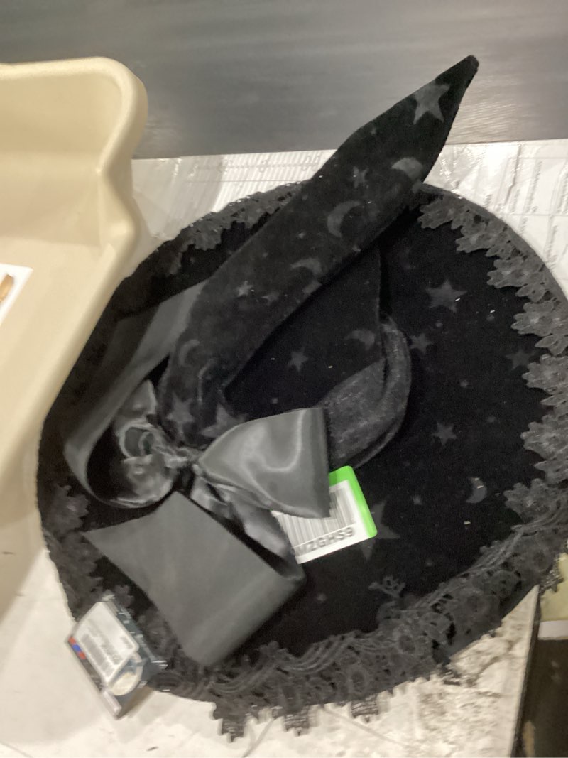 Condition photo showing New/Like New for moon and stars witch hat with bow black
