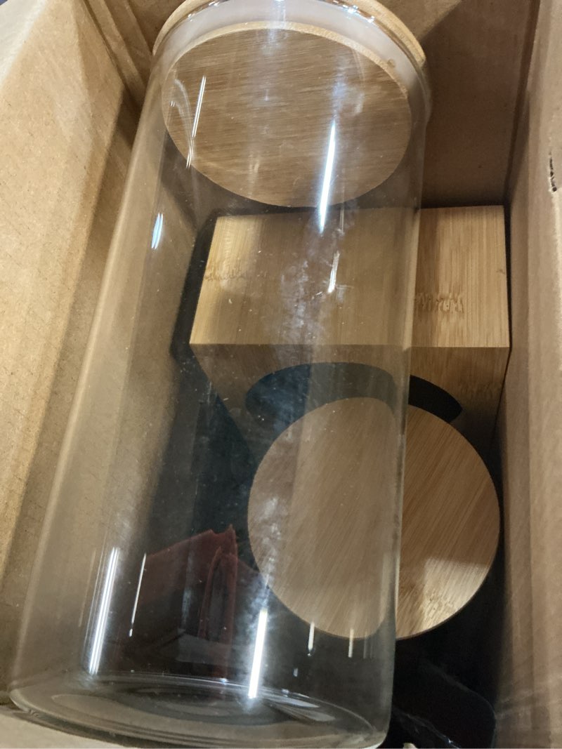 Condition photo showing New/Like New for glass coffee containers with shelf - coffee bar organizer and accessories, coffee jars with spoon, 2x 49oz airtight sealed coffee canister for coffee bean, ground coffee, nuts